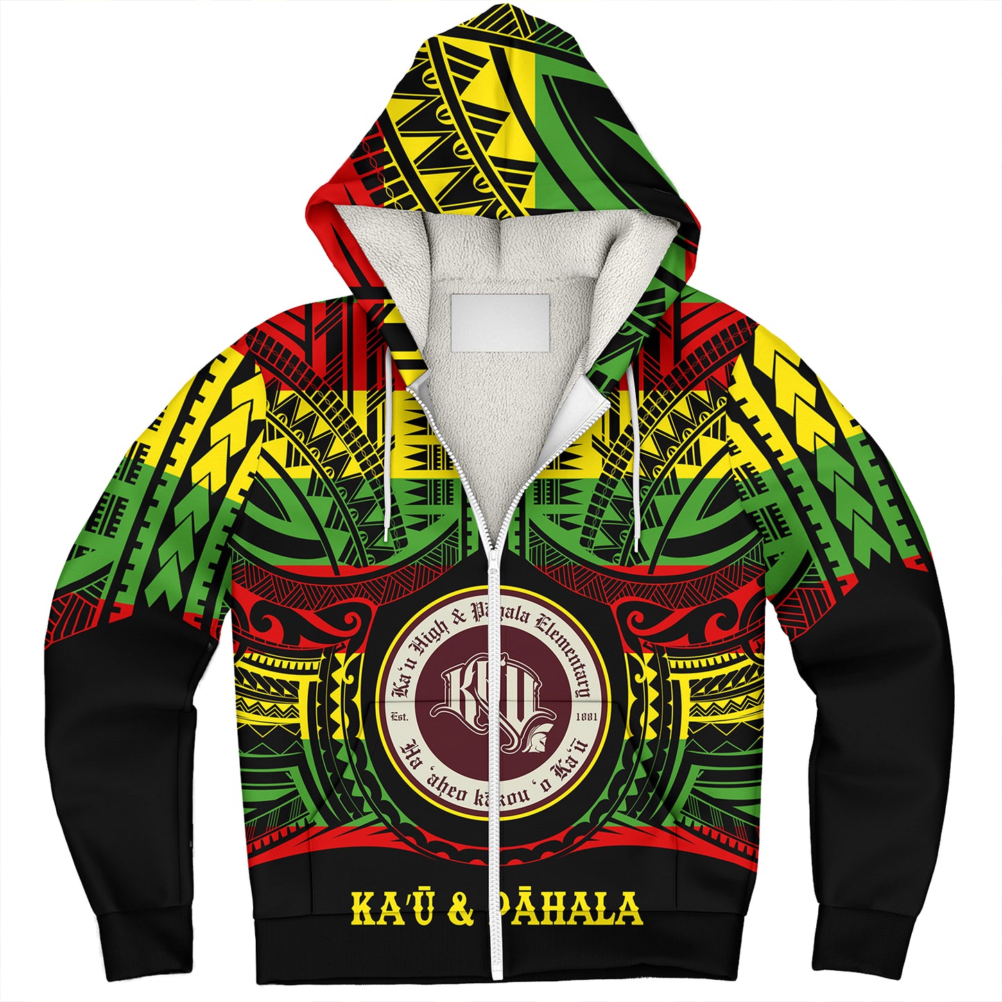 Hawaii Sherpa Hoodie Kau High School & Pahala Elementary School Reggae Color Polynesian