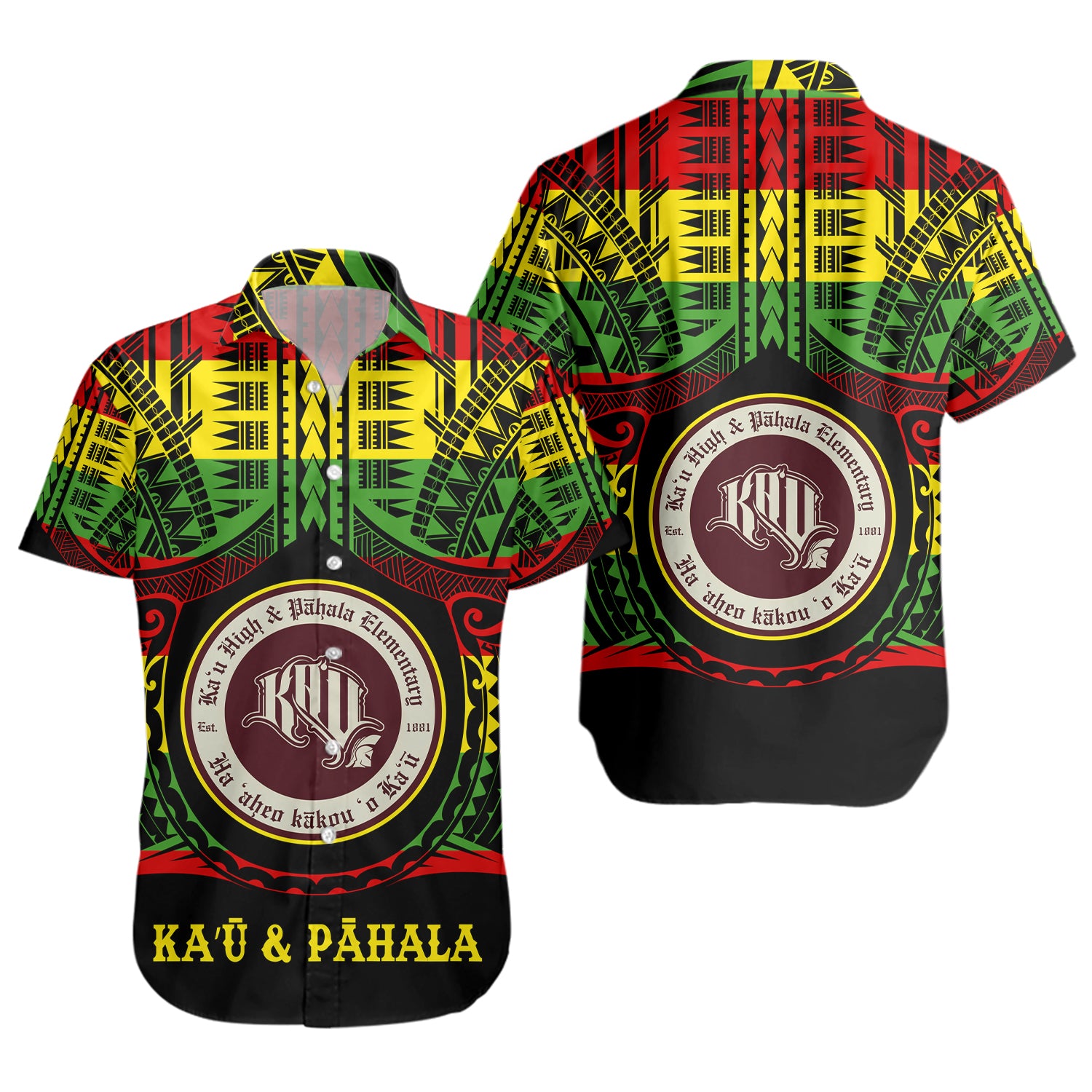 Hawaii Short Sleeve Shirt Kaʻū High & PÄhala Elementary School Reggae Color Polynesian