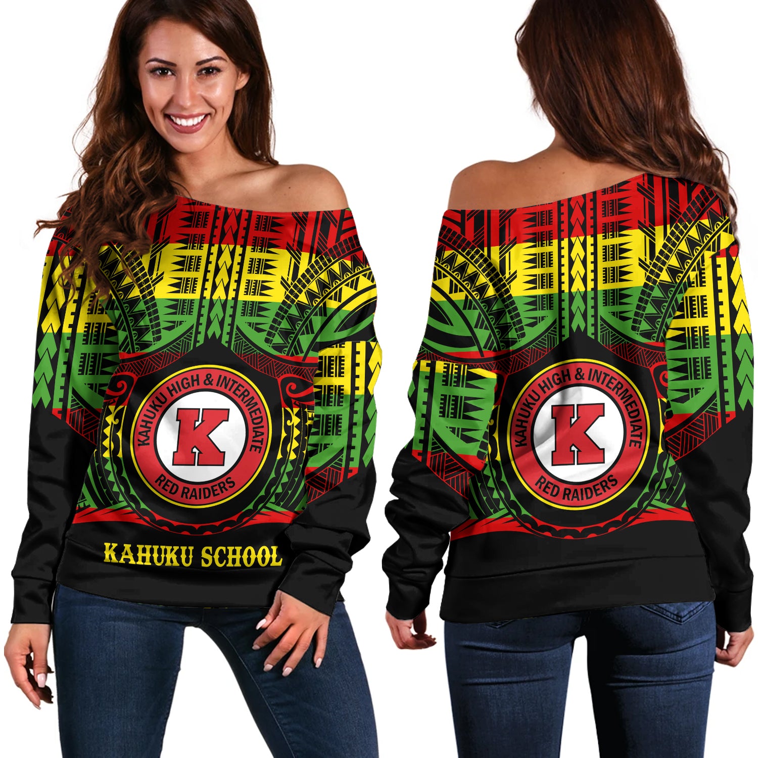 Hawaii Off Shoulder Sweatshirt Kahuku High & Intermediate School Reggae Color Polynesian
