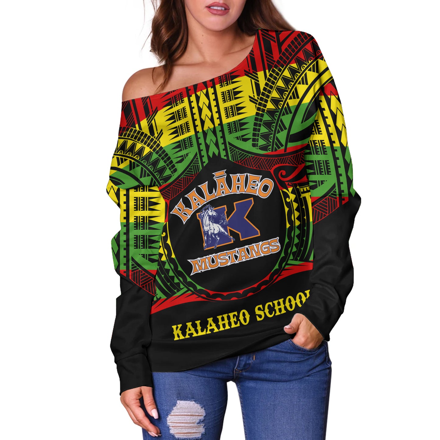 Hawaii Off Shoulder Sweatshirt Kalaheo High School Reggae Color Polynesian