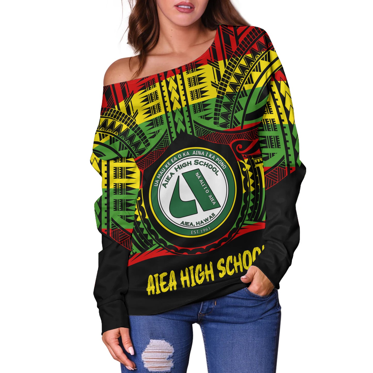 Hawaii Off Shoulder Sweatshirt Aiea High School Reggae Color Polynesian