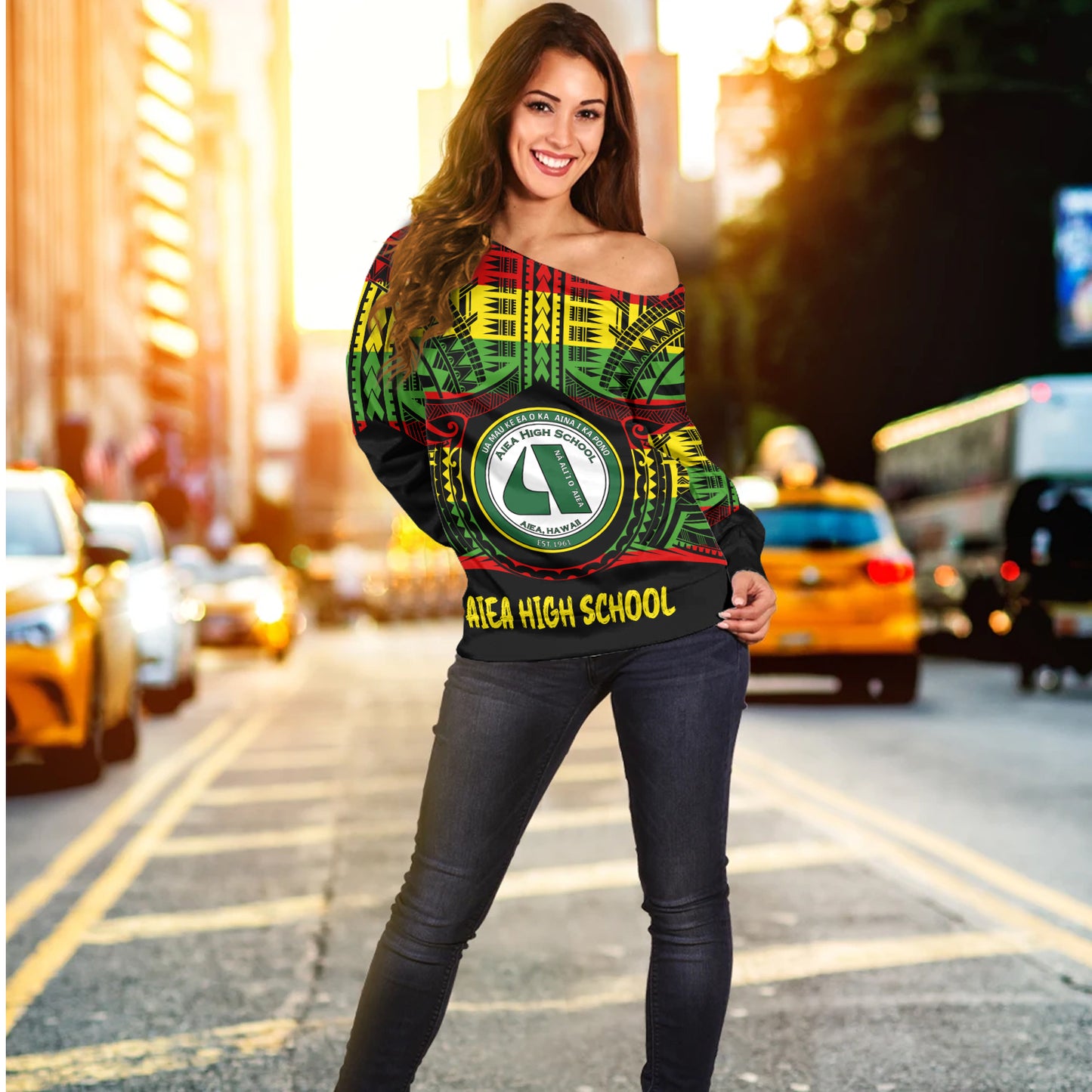 Hawaii Off Shoulder Sweatshirt Aiea High School Reggae Color Polynesian