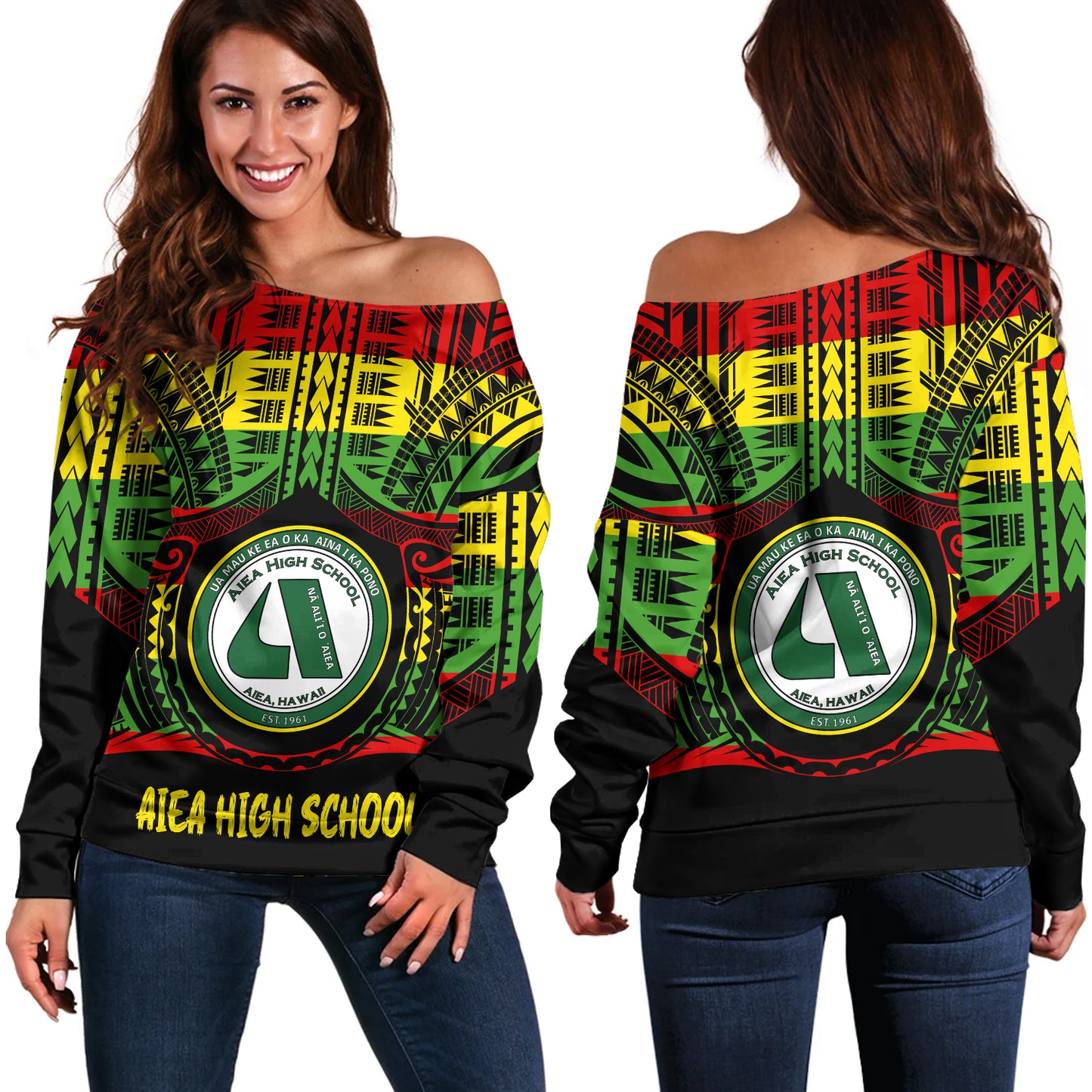 Hawaii Off Shoulder Sweatshirt Aiea High School Reggae Color Polynesian
