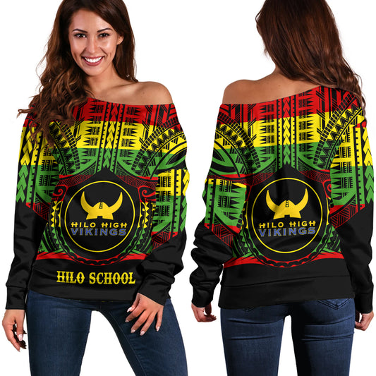 Hawaii Off Shoulder Sweatshirt Hilo High School Reggae Color Polynesian