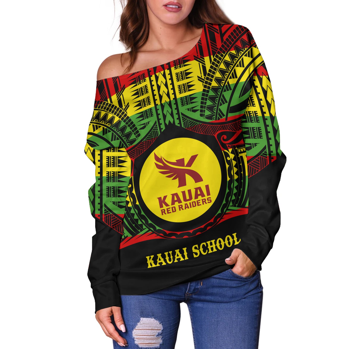 Hawaii Off Shoulder Sweatshirt Kauai High School Reggae Color Polynesian