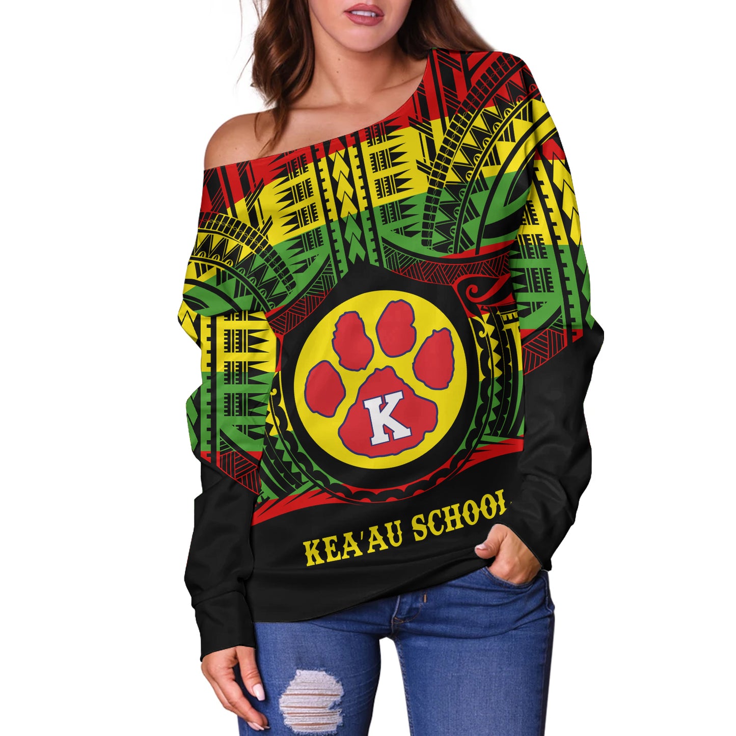 Hawaii Off Shoulder Sweatshirt Keaʻau High School Reggae Color Polynesian