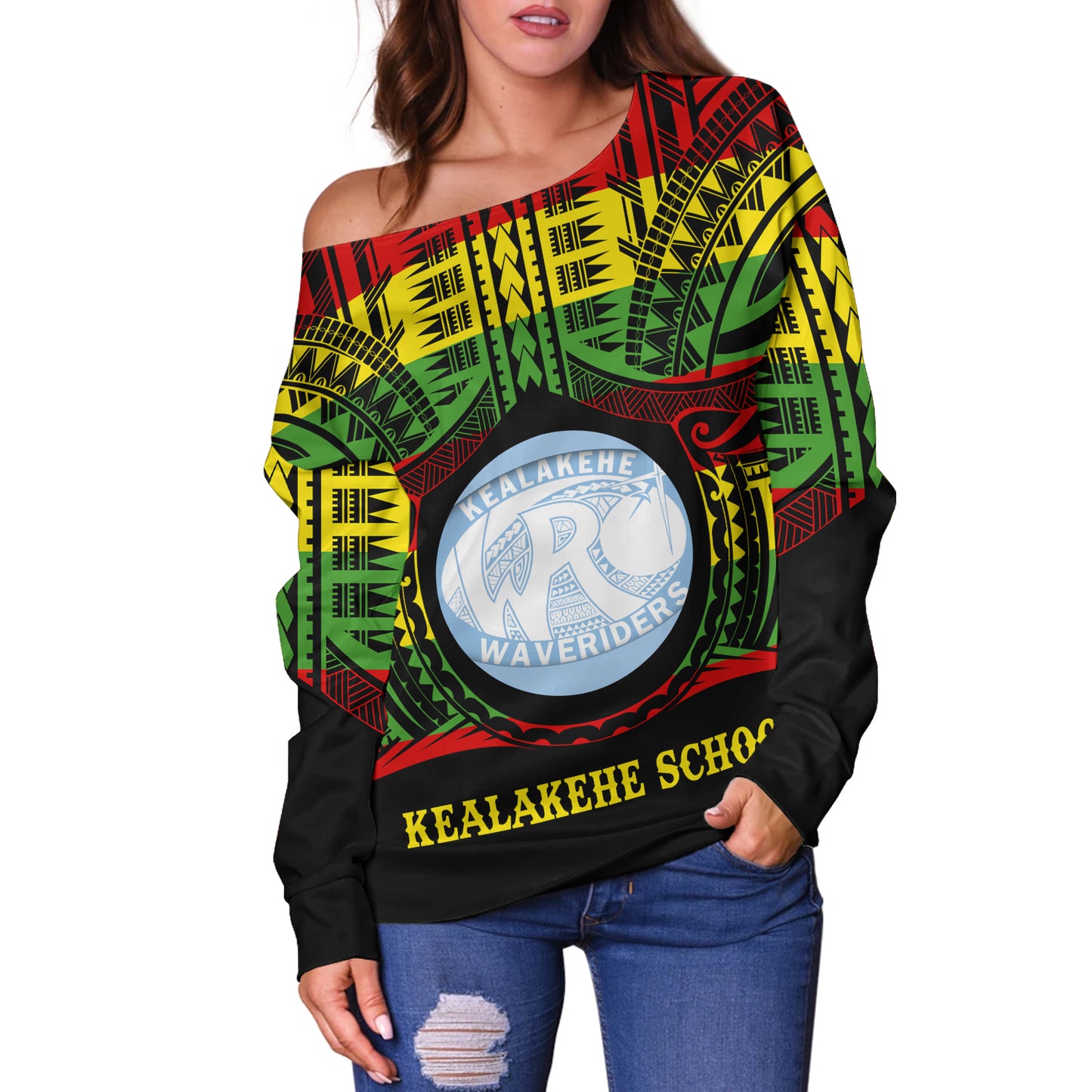 Hawaii Off Shoulder Sweatshirt Kealakehe High School Reggae Color Polynesian