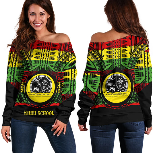 Hawaii Off Shoulder Sweatshirt Kihei Charter School Reggae Color Polynesian
