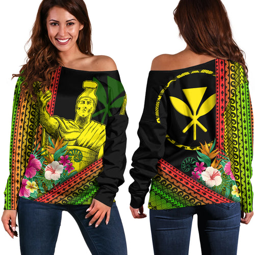 Hawaii Off Shoulder Sweatshirt King Kamekameha Tropical Flowers Hawaii Polynesian