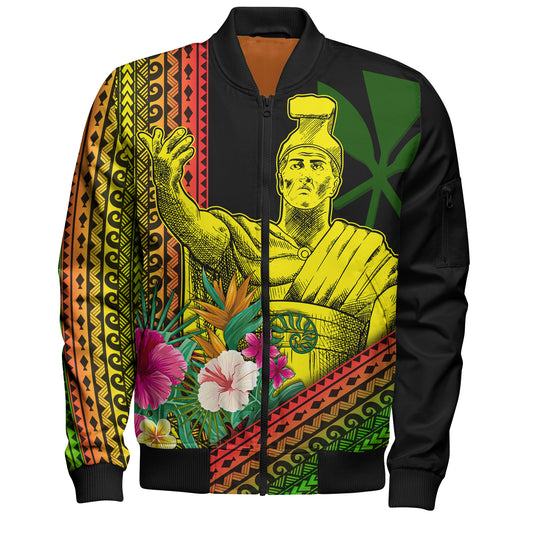 Hawaii Bomber Jacket King Kamekameha Tropical Flowers Hawaii Polynesian