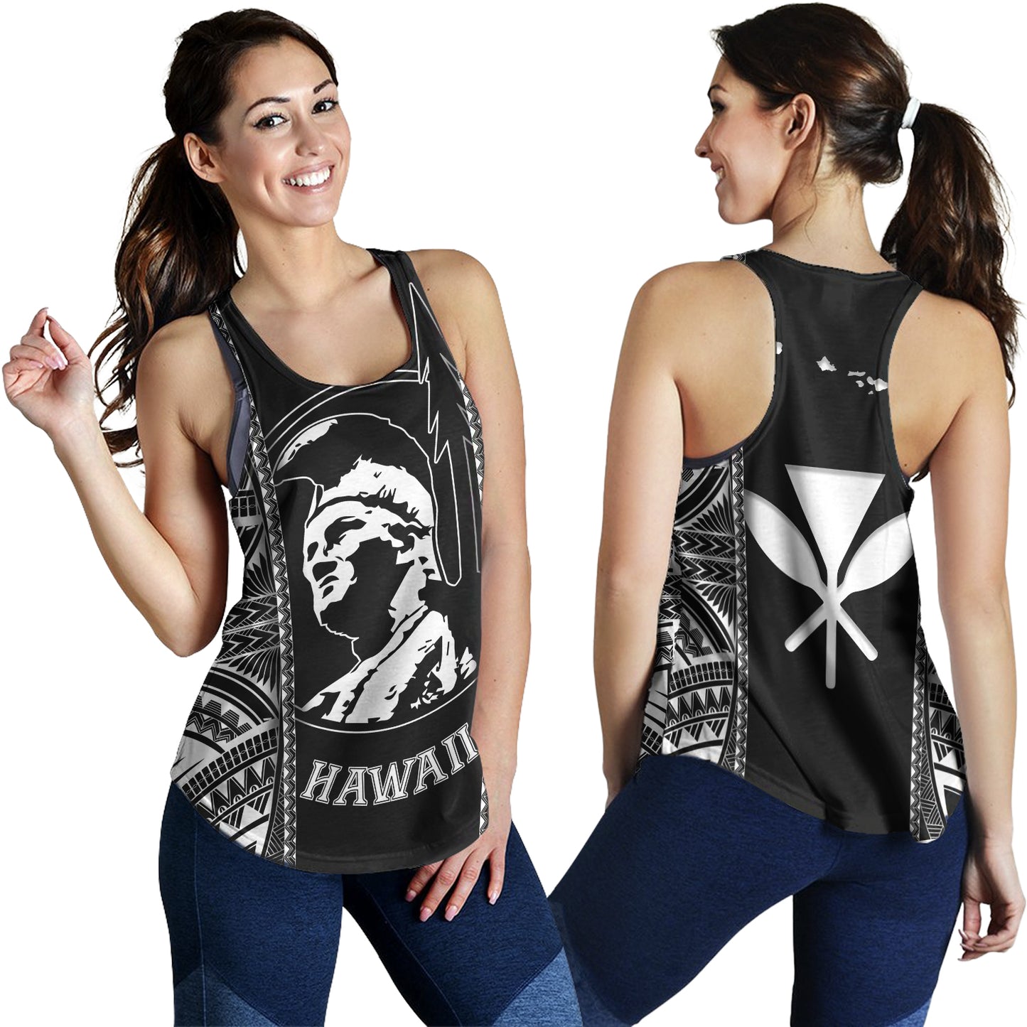 Hawaii Custom Personalised Women Tank King Kamekameha Black and White Polynesian