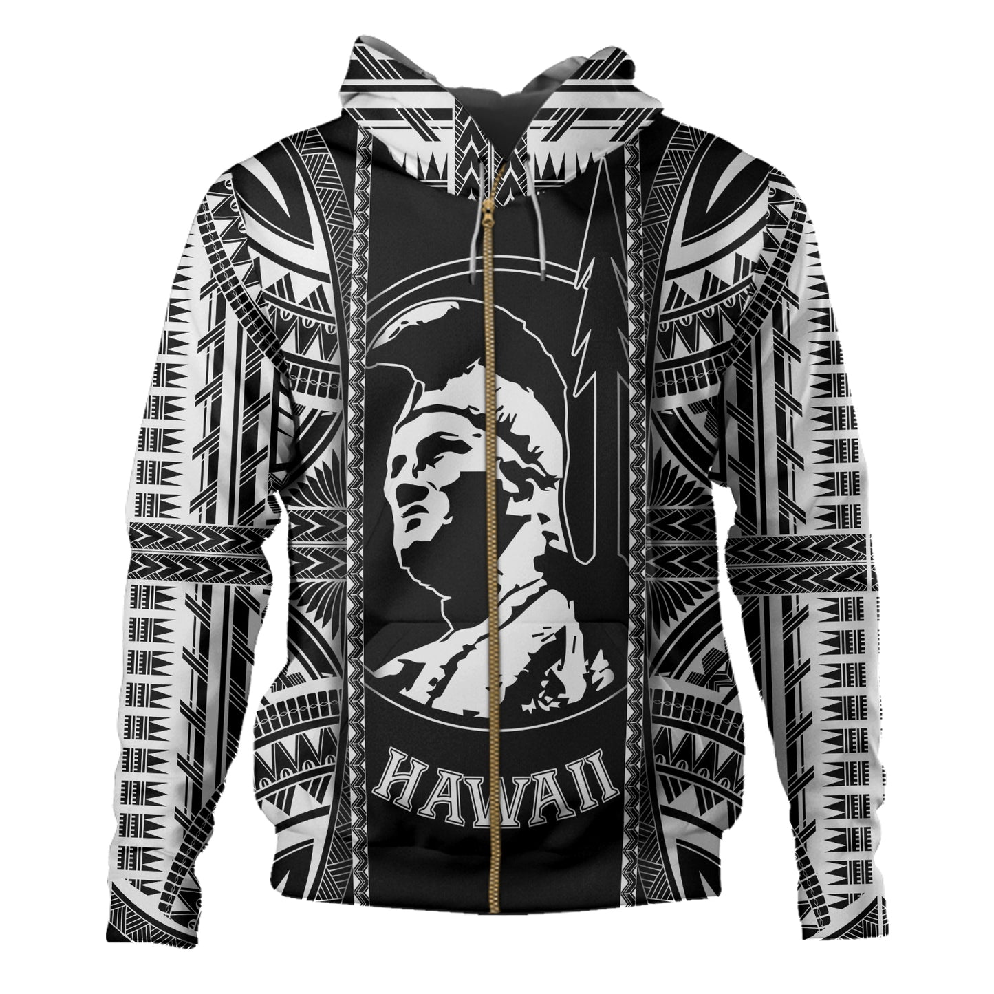 Hawaii Custom Personalised Hoodie King Kamekameha Black and White Polynesian