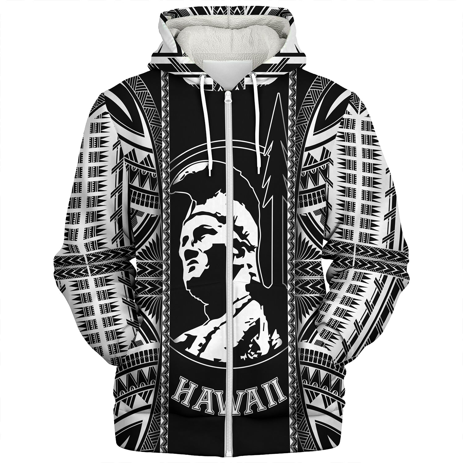 Hawaii Custom Personalised Sherpa Hoodie King Kamekameha Black and White Polynesian