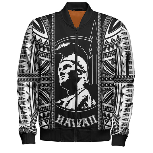 Hawaii Custom Personalised Bomber Jacket King Kamekameha Black and White Polynesian