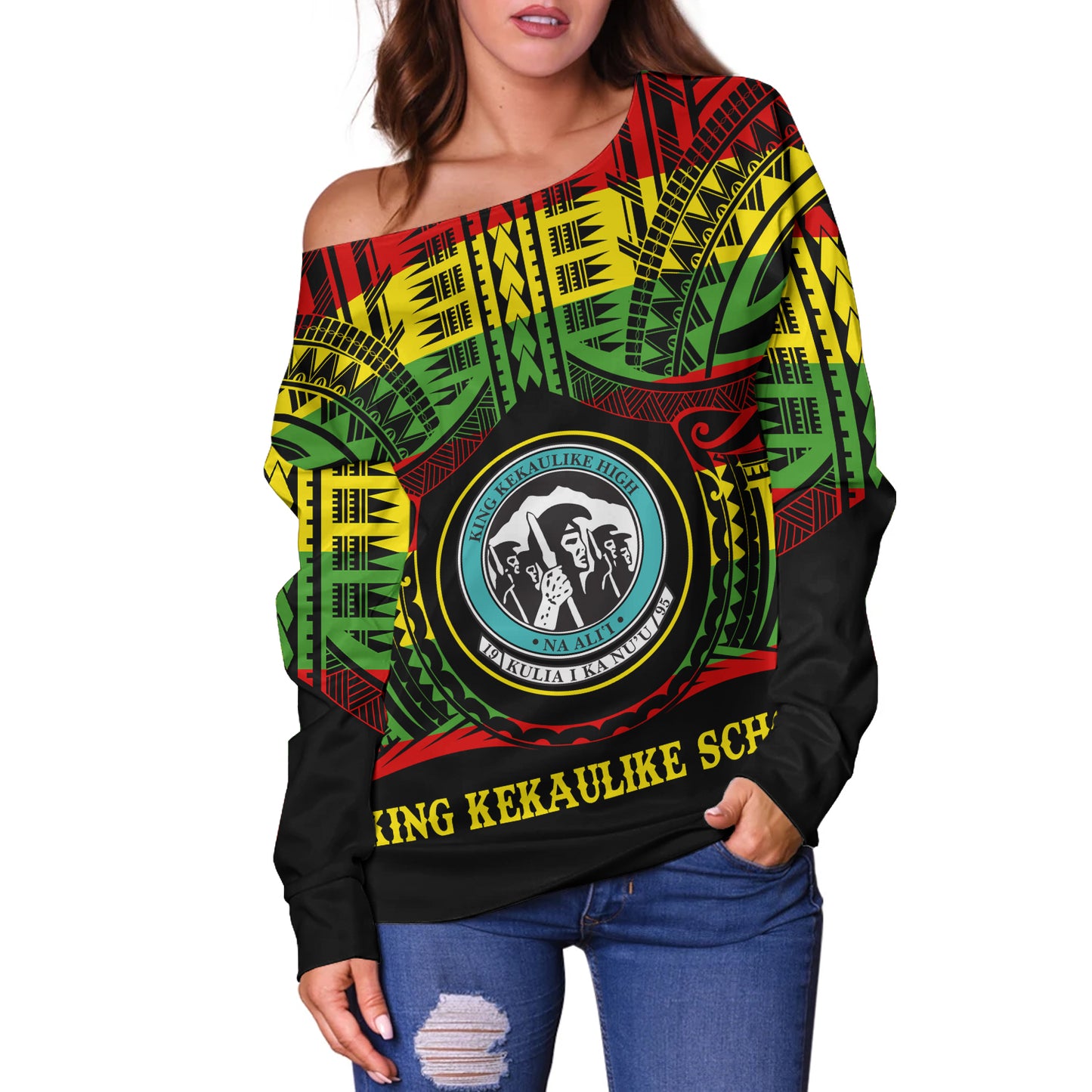 Hawaii Off Shoulder Sweatshirt King Kekaulike High School Reggae Color Polynesian