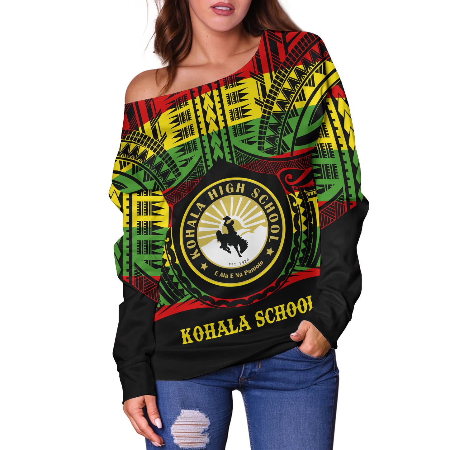 Hawaii Off Shoulder Sweatshirt Kohala High School Reggae Color Polynesian