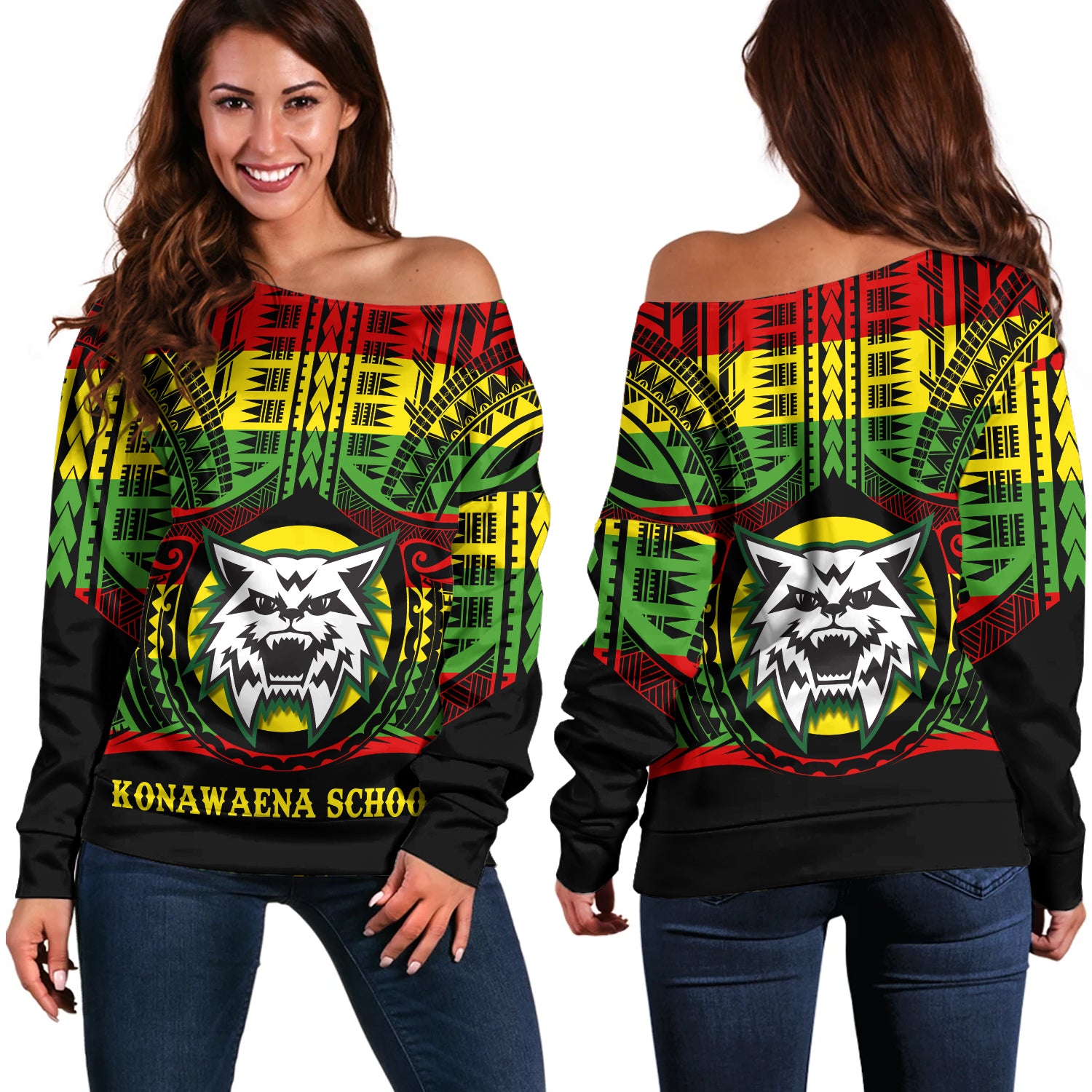 Hawaii Off Shoulder Sweatshirt Konawaena High School Reggae Color Polynesian
