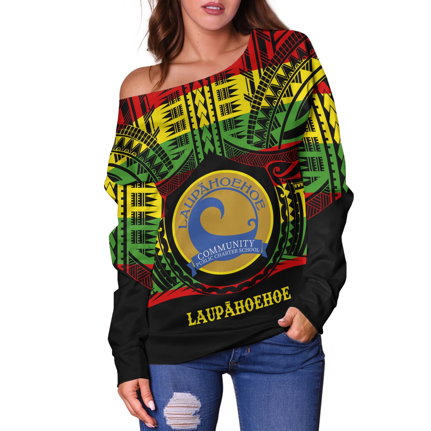 Hawaii Off Shoulder Sweatshirt LaupÄhoehoe Community Public Charter School Reggae Color Polynesian