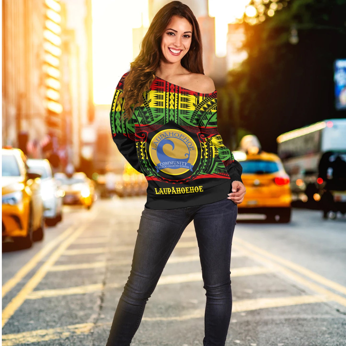 Hawaii Off Shoulder Sweatshirt LaupÄhoehoe Community Public Charter School Reggae Color Polynesian