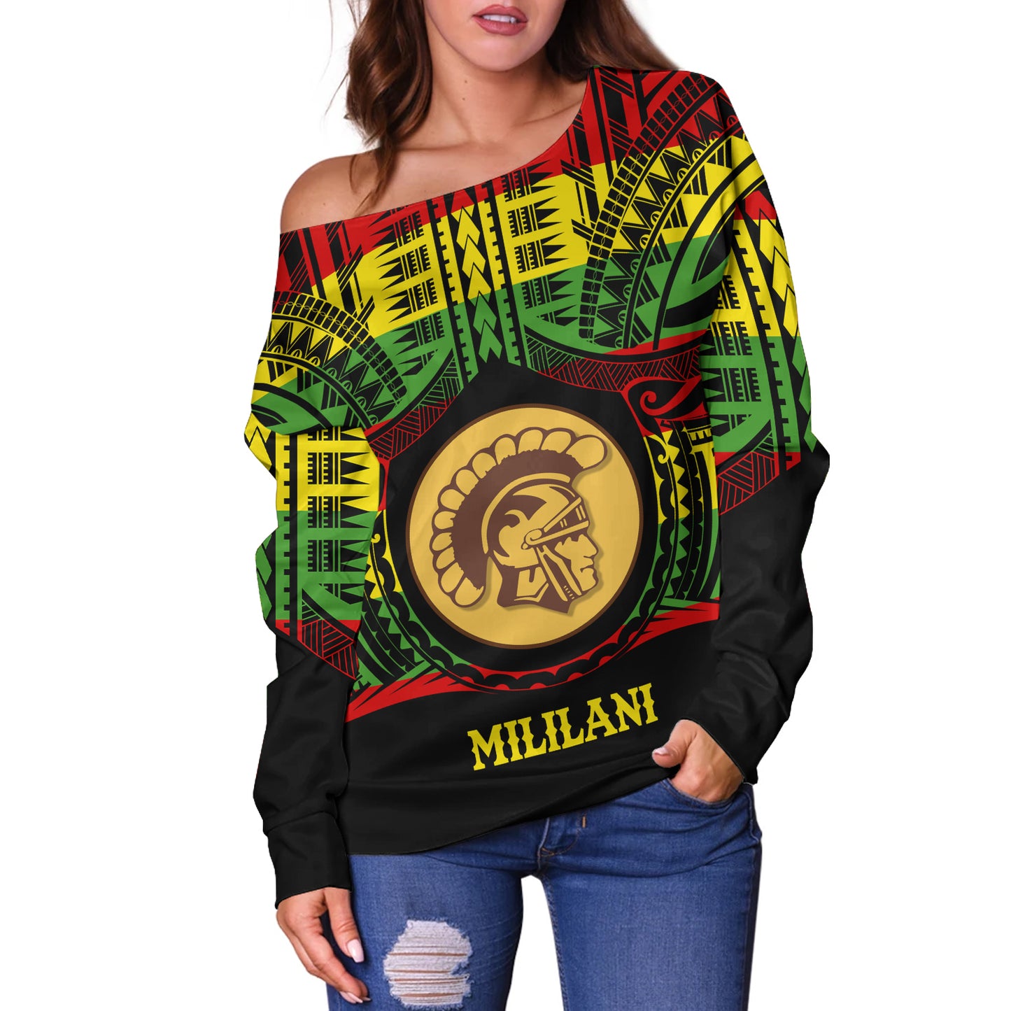 Hawaii Off Shoulder Sweatshirt Mililani High School Reggae Color Polynesian