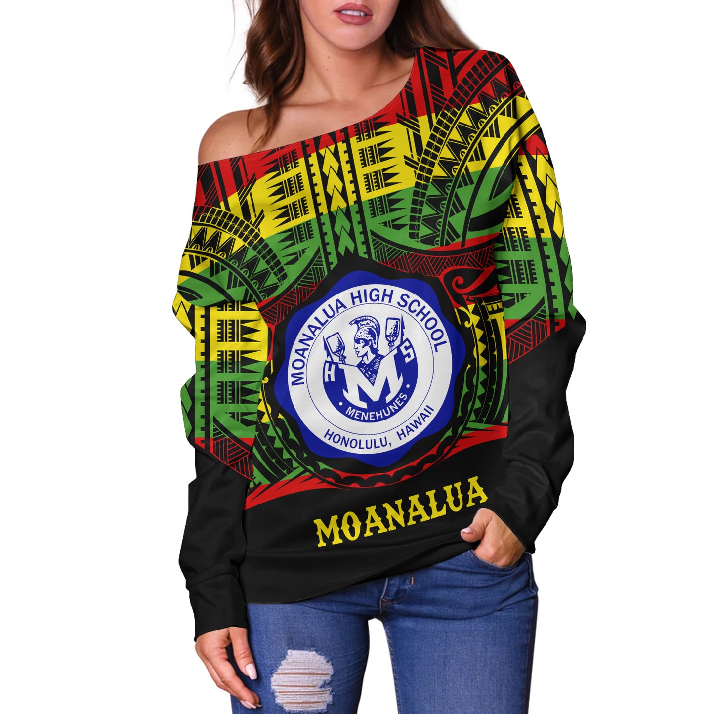 Hawaii Off Shoulder Sweatshirt Moanalua High School Reggae Color Polynesian