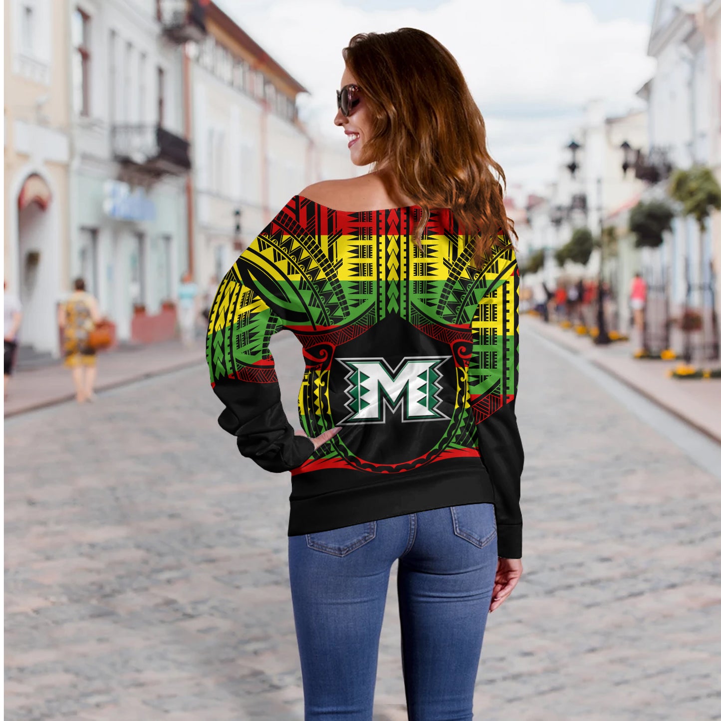 Hawaii Off Shoulder Sweatshirt Moloka'i High School Reggae Color Polynesian