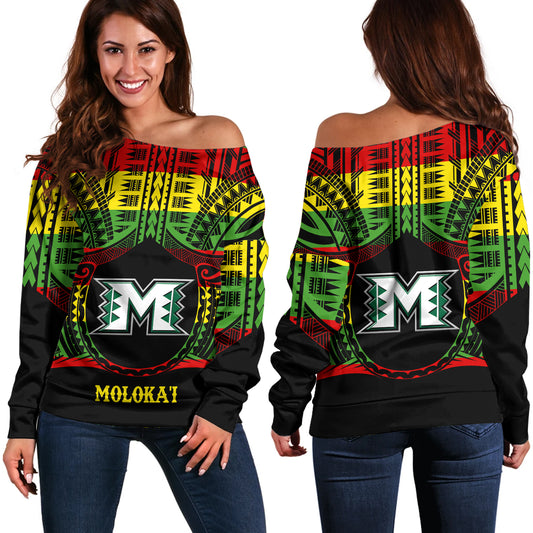 Hawaii Off Shoulder Sweatshirt Moloka'i High School Reggae Color Polynesian
