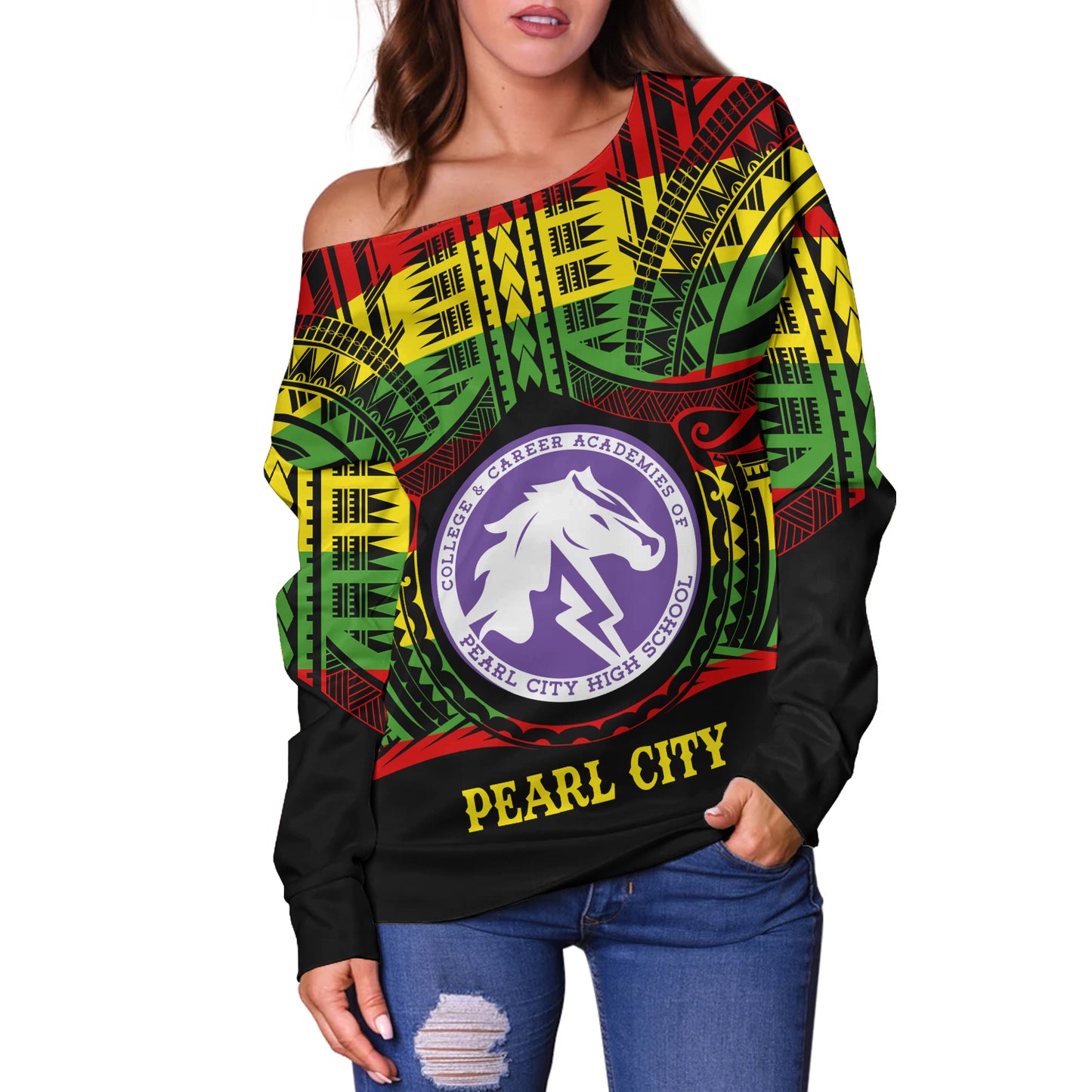 Hawaii Off Shoulder Sweatshirt Pearl City High School Reggae Color Polynesian