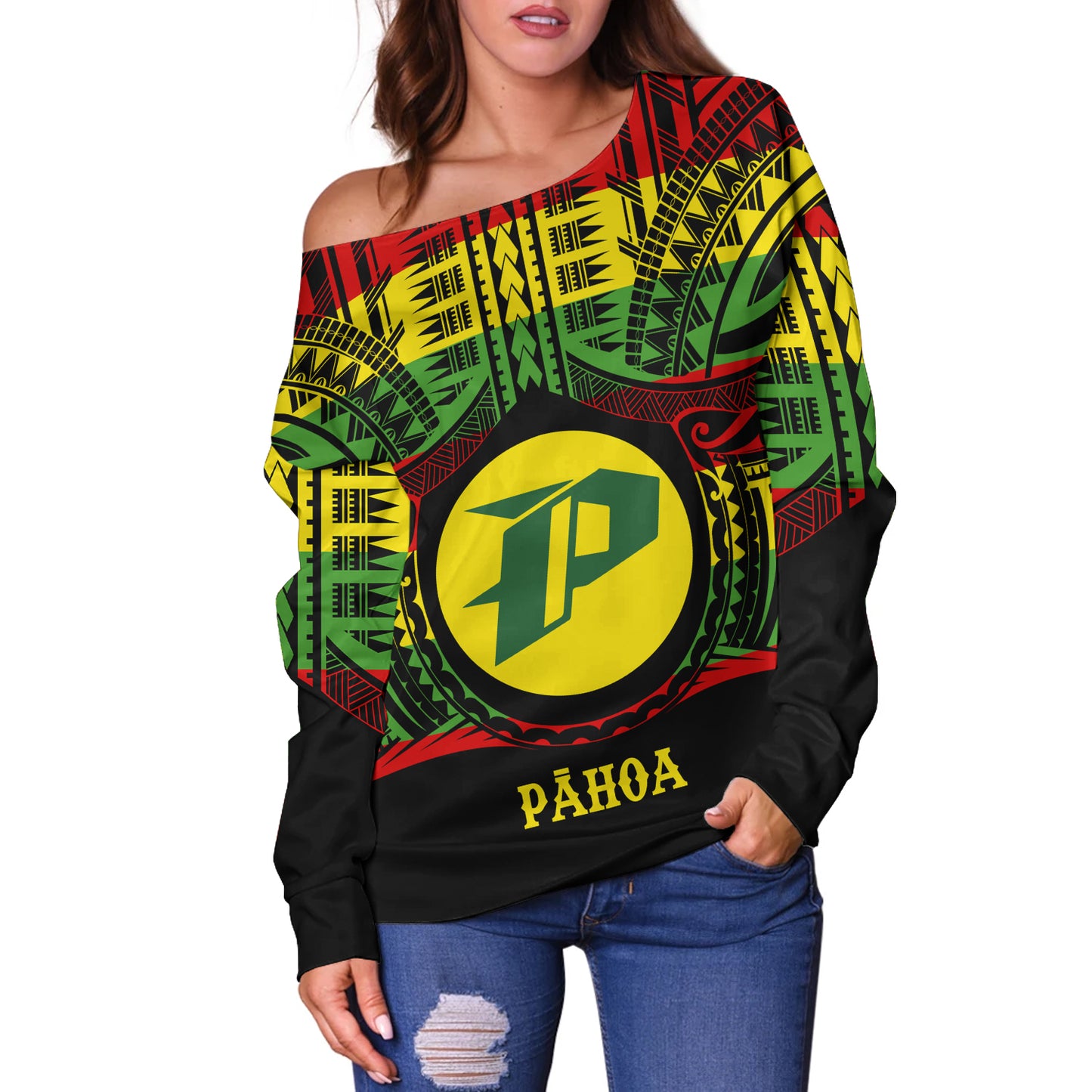 Hawaii Off Shoulder Sweatshirt PÄhoa High & Intermediate Shool Reggae Color Polynesian