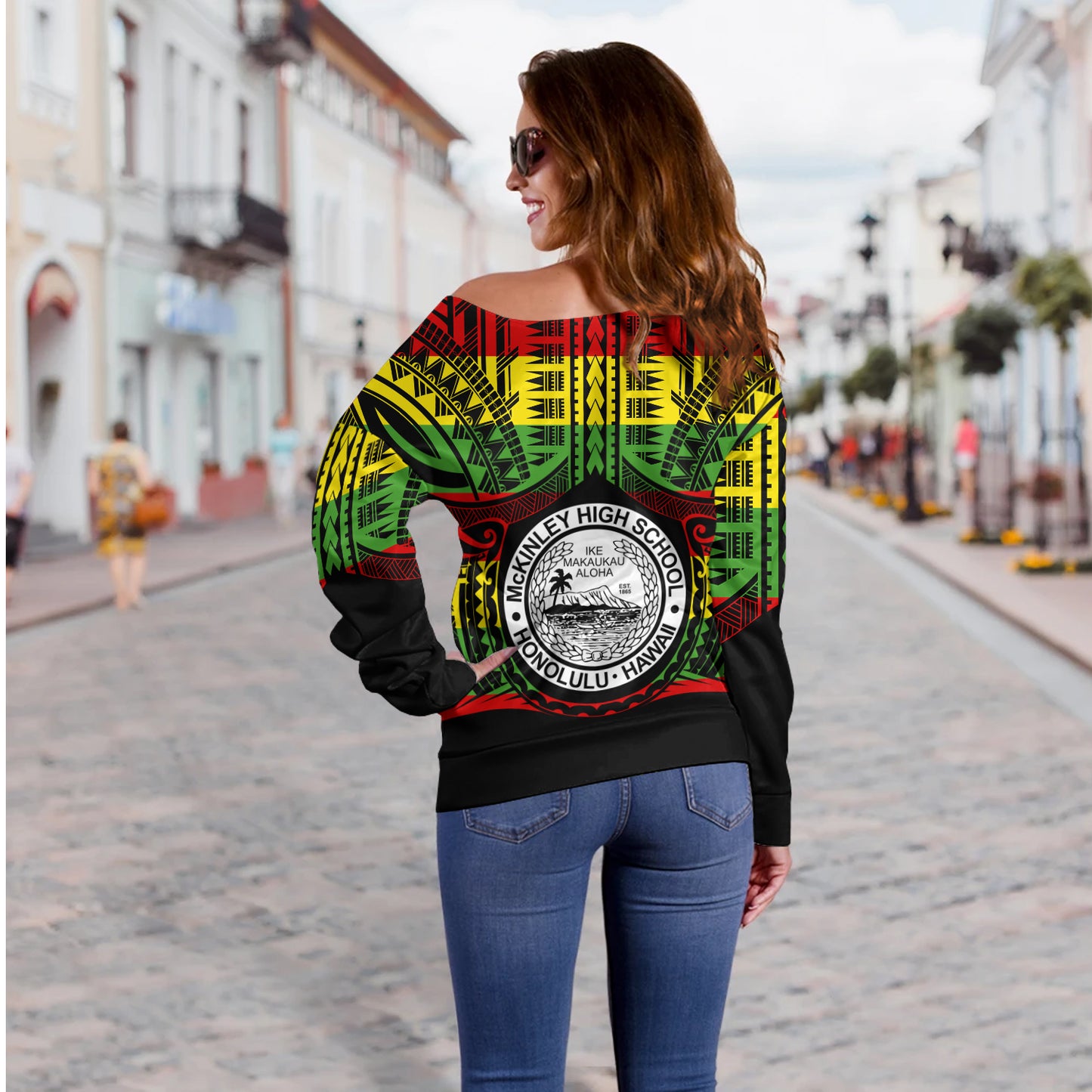Hawaii Off Shoulder Sweatshirt President William McKinley High School Reggae Color Polynesian