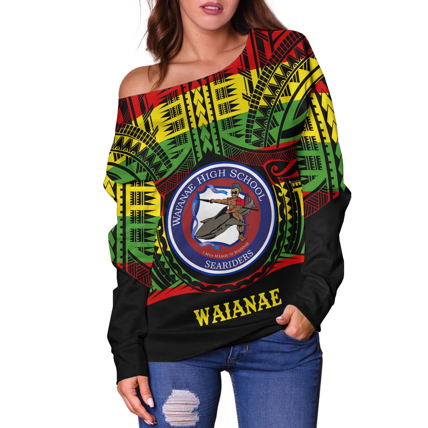 Hawaii Off Shoulder Sweatshirt Waianae High School Reggae Color Polynesian