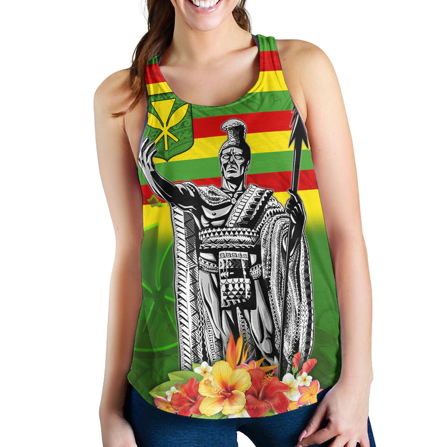 Hawaii Women Tank Hawaii King With Flag Color With Traditional Patterns