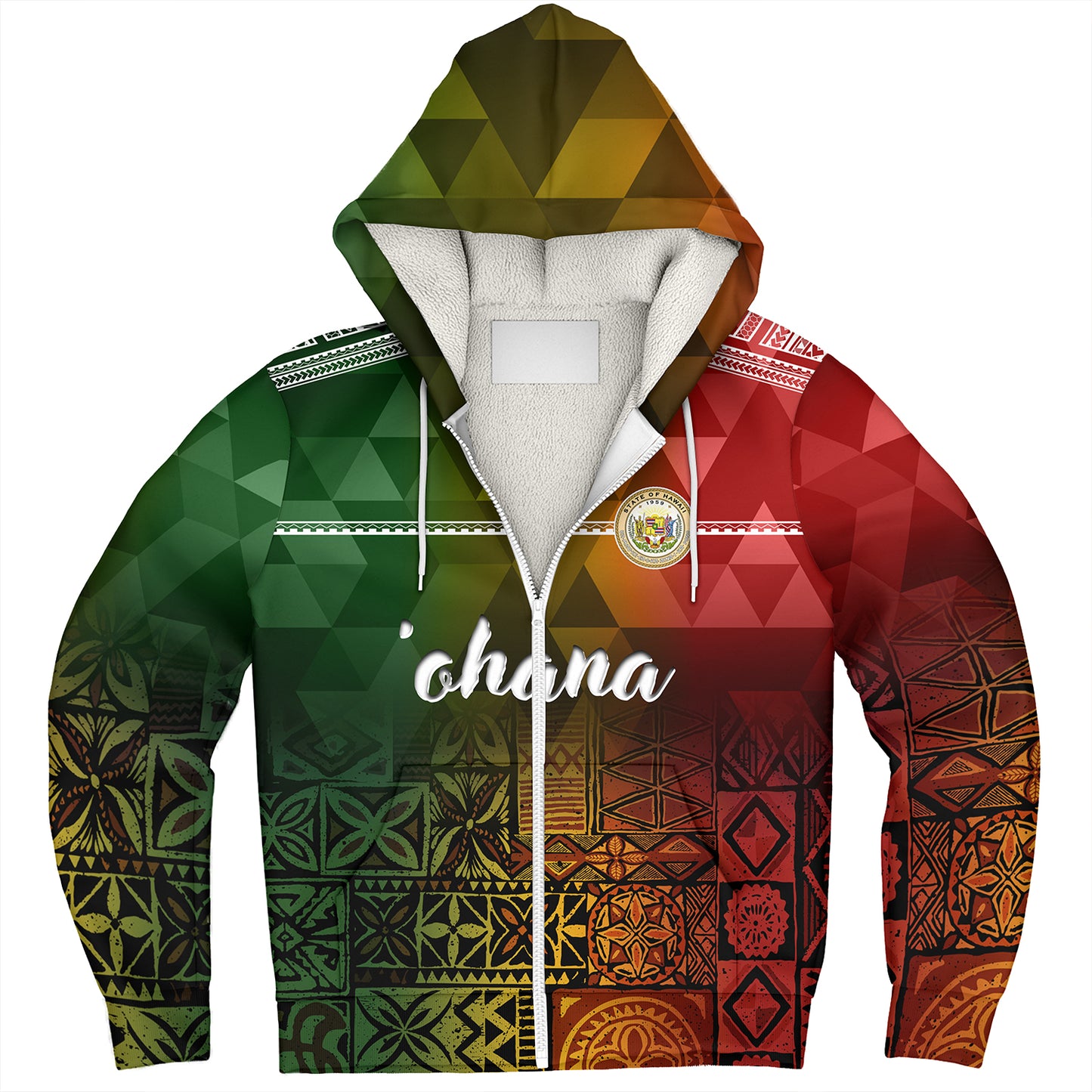 Hawaii Sherpa Hoodie Lowpolly Pattern with Polynesian Motif