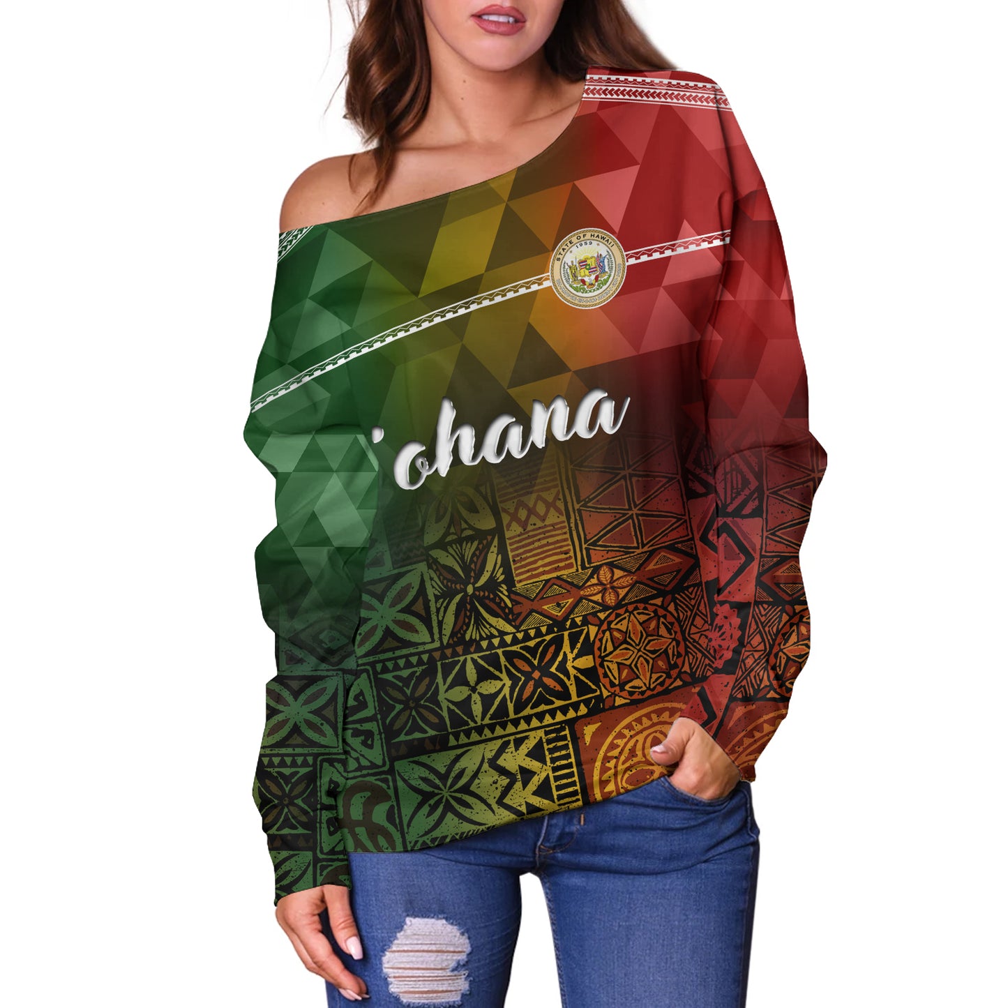 Hawaii Off Shoulder Sweatshirt Lowpolly Pattern with Polynesian Motif