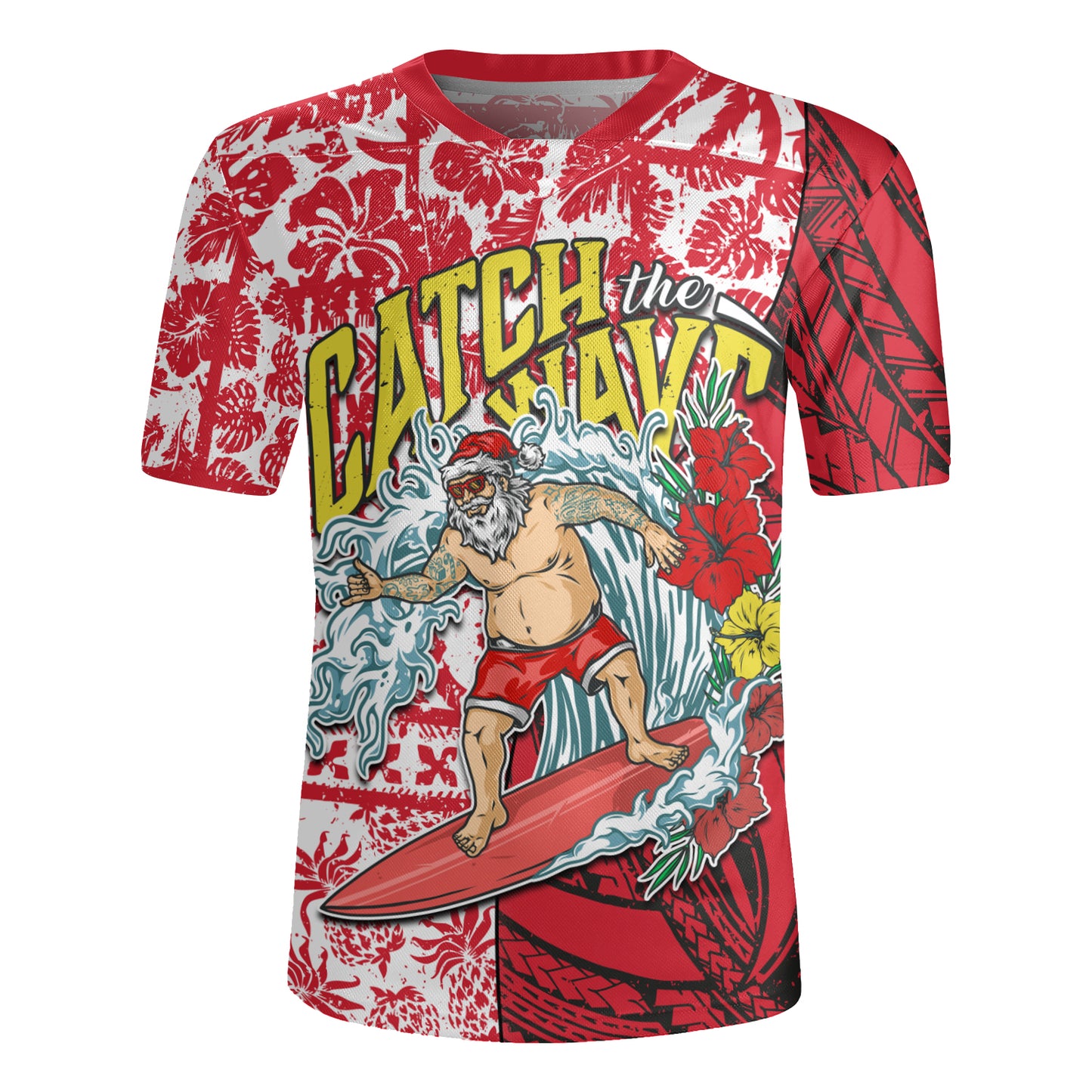 Hawaii Christmas Rugby Jersey Surfing Santa Polynesian Pattern Vintage Style