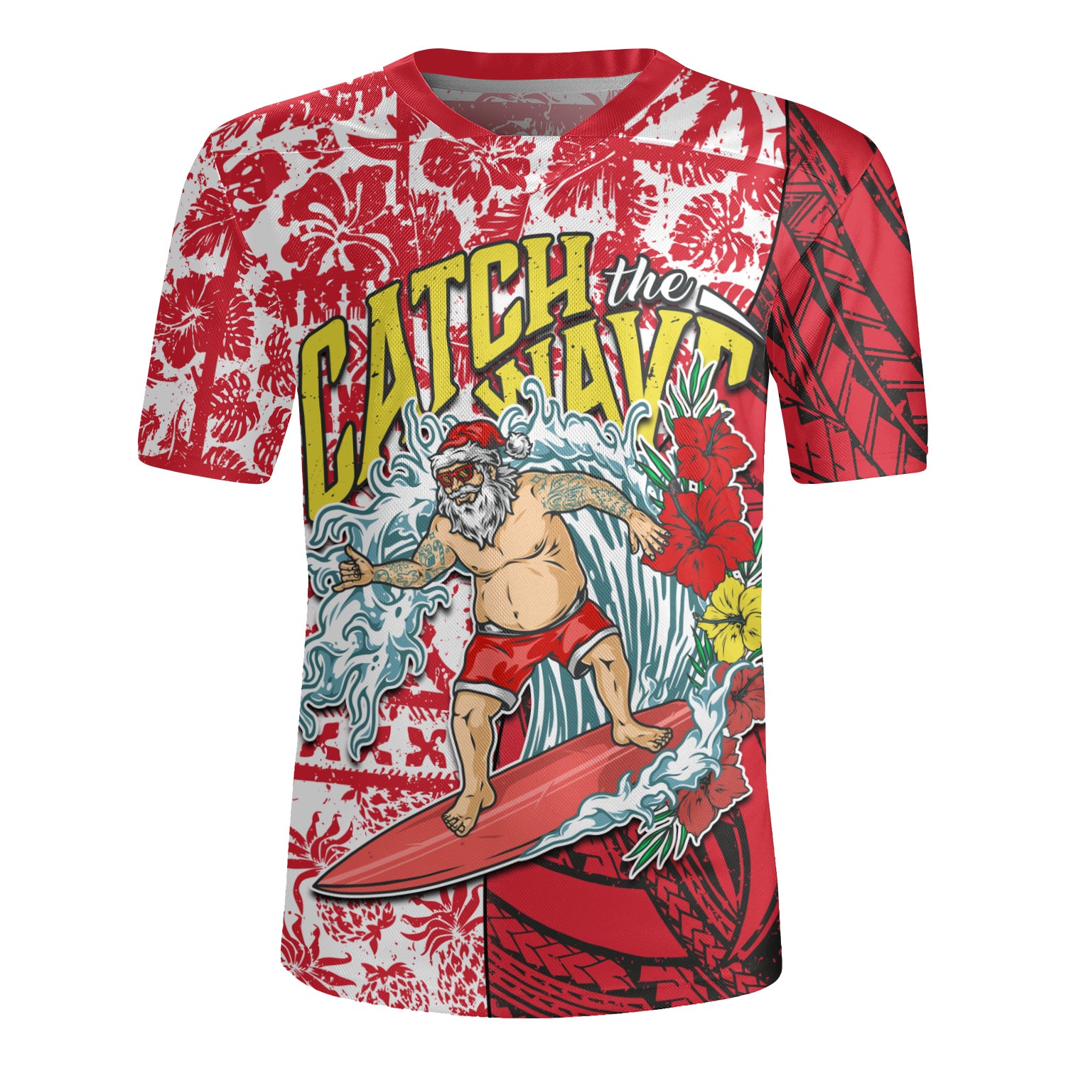 Hawaii Christmas Rugby Jersey Surfing Santa Polynesian Pattern Vintage Style