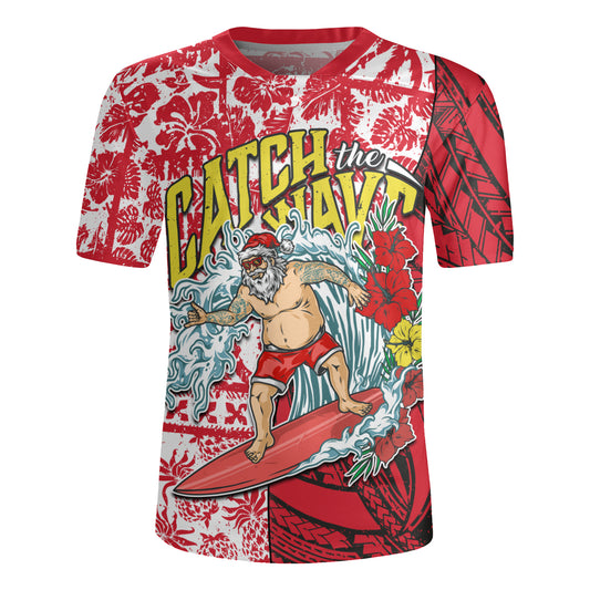 Hawaii Christmas Rugby Jersey Surfing Santa Polynesian Pattern Vintage Style