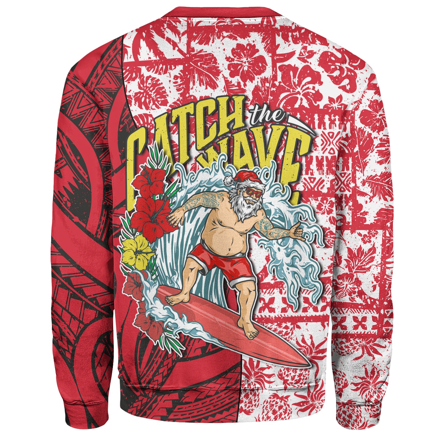 Hawaii Christmas Sweatshirt Surfing Santa Polynesian Pattern Vintage Style