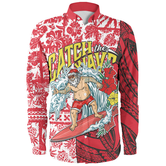 Hawaii Christmas Long Sleeve Shirt Surfing Santa Polynesian Pattern Vintage Style