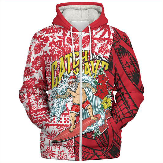 Hawaii Christmas Sherpa Hoodie Surfing Santa Polynesian Pattern Vintage Style