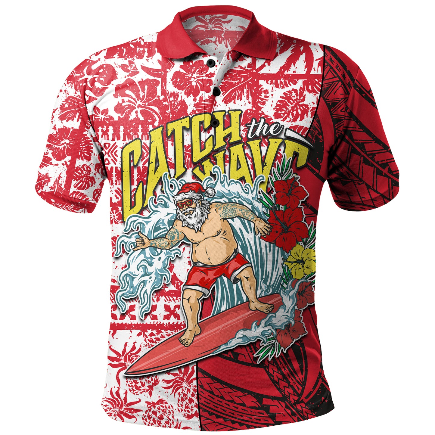 Hawaii Christmas Polo Shirt Surfing Santa Polynesian Pattern Vintage Style