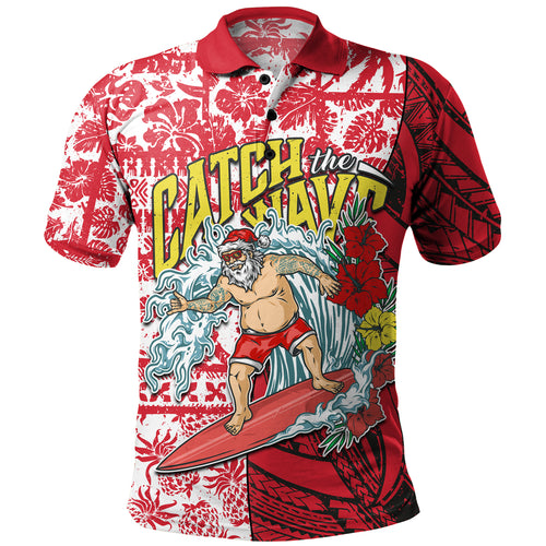 Hawaii Christmas Polo Shirt Surfing Santa Polynesian Pattern Vintage Style