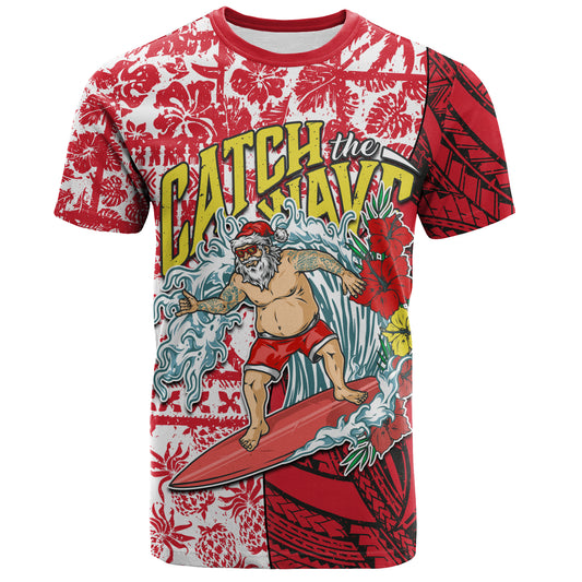 Hawaii Christmas T-Shirt Surfing Santa Polynesian Pattern Vintage Style