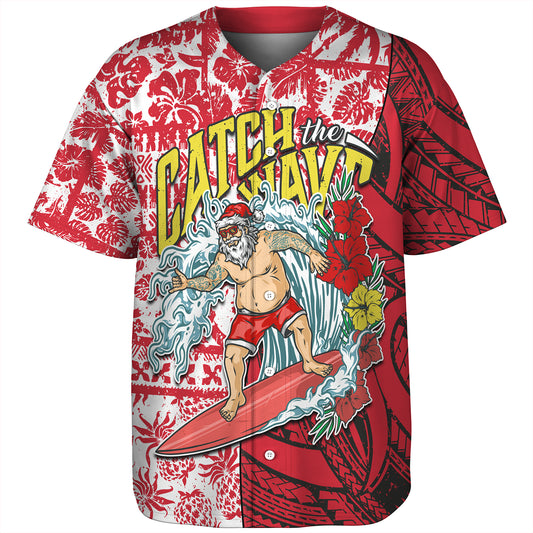 Hawaii Christmas Baseball Shirt Surfing Santa Polynesian Pattern Vintage Style