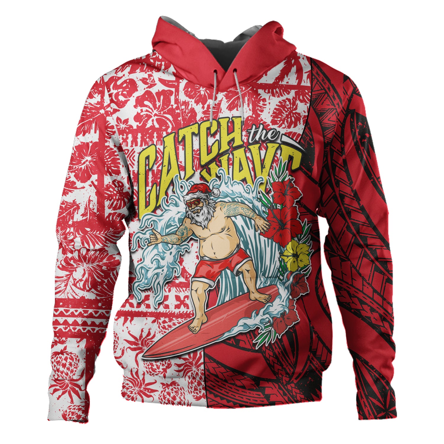 Hawaii Christmas Hoodie Surfing Santa Polynesian Pattern Vintage Style