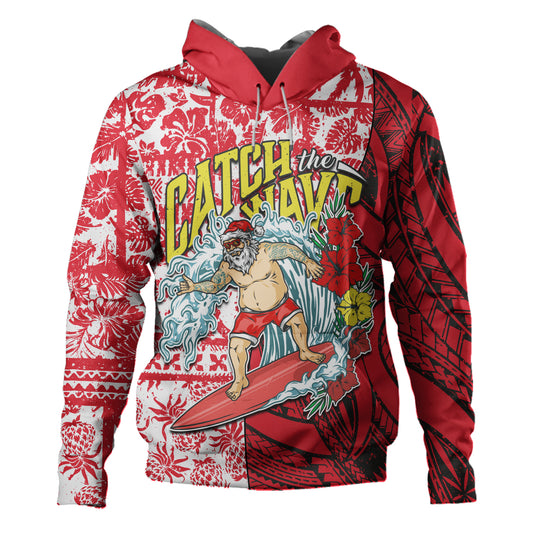 Hawaii Christmas Hoodie Surfing Santa Polynesian Pattern Vintage Style
