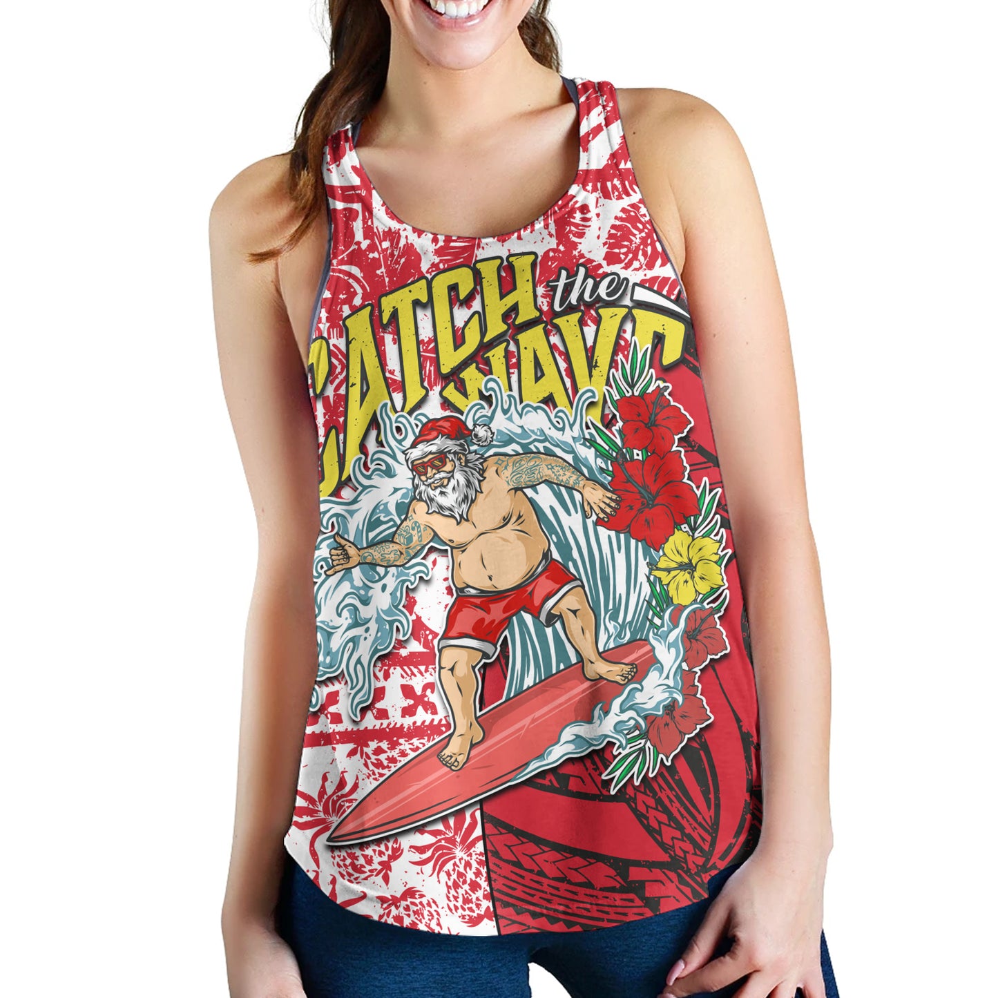 Hawaii Christmas Women Tank Surfing Santa Polynesian Pattern Vintage Style