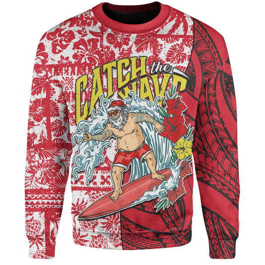 Hawaii Christmas Sweatshirt Surfing Santa Polynesian Pattern Vintage Style