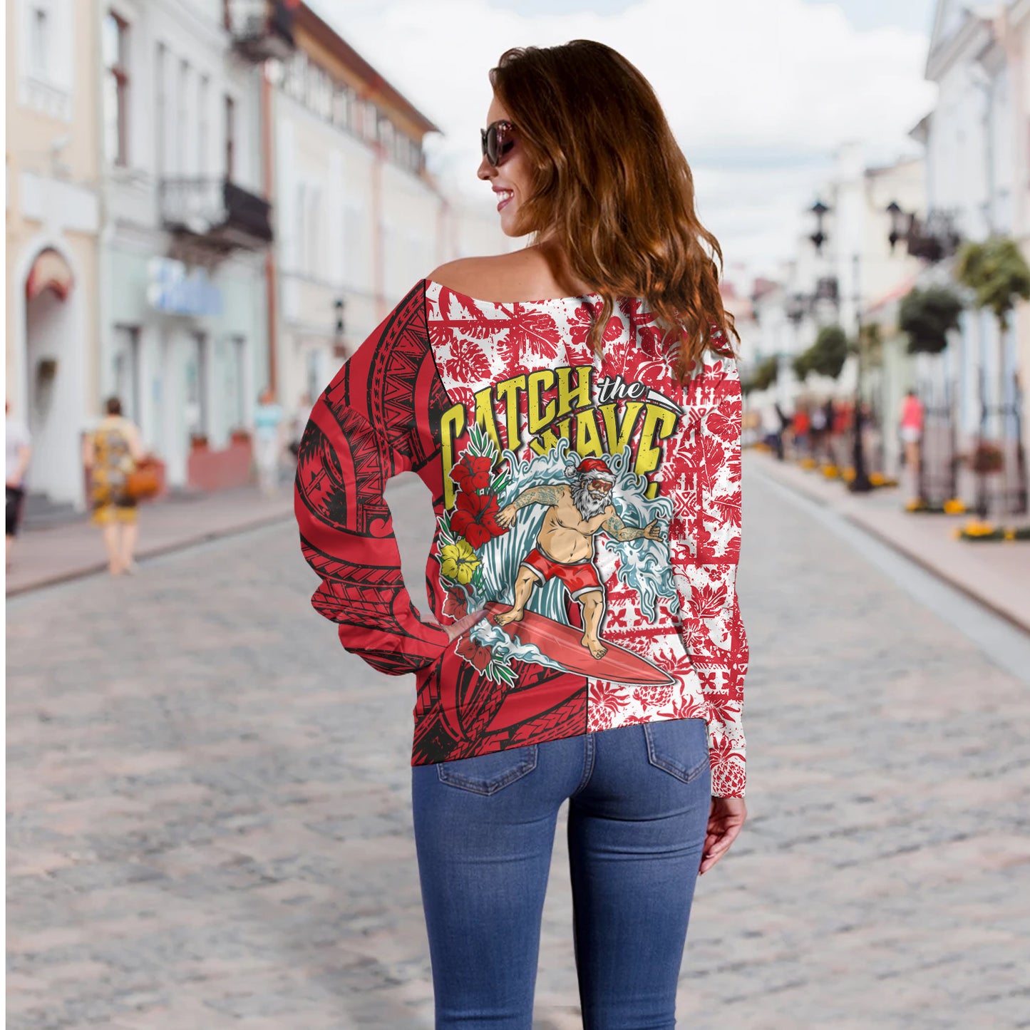 Hawaii Christmas Off Shoulder Sweatshirt Surfing Santa Polynesian Pattern Vintage Style