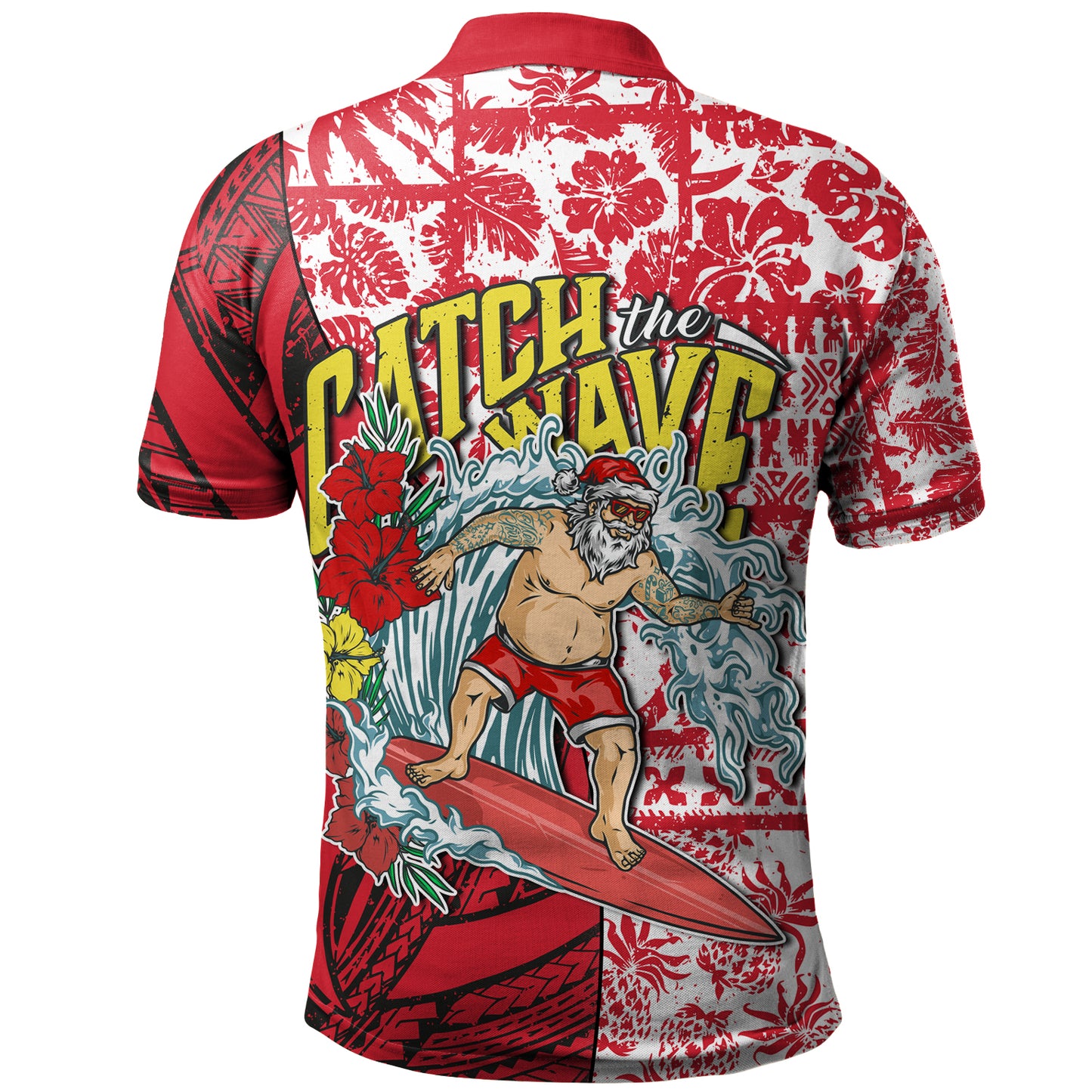 Hawaii Christmas Polo Shirt Surfing Santa Polynesian Pattern Vintage Style